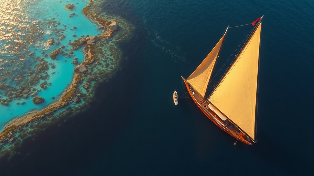 Aerial view of a phinisi yacht anchored over a Wakatobi coral reef wall drop-off at golden hour